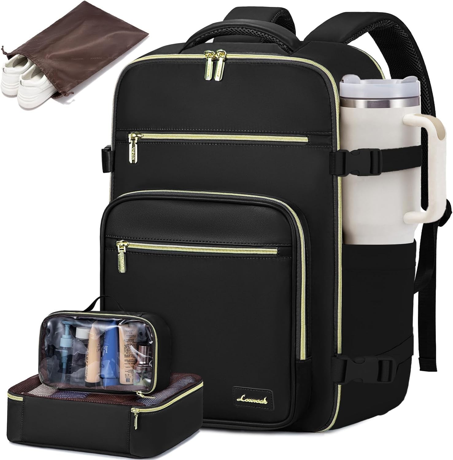 LOVEVOOK Travel Backpack For Women,40L Carry On Backpack Flight Approved,TSA Personal Item Travel Bag Fits 17 Inch Laptop,Business Weekender Overnight Daypack with Toiletry Bag and Cube,Black