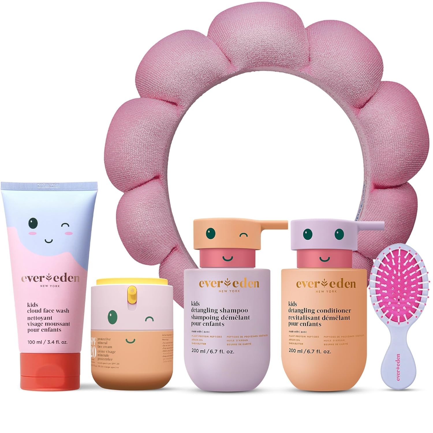 Evereden Kids Skincare & Haircare Set – Cloud Face Wash, SPF 20 Daily Face Cream, Shampoo, Conditioner, Headband & Hair Brush – 6-Piece Vegan, Dermatologist-Tested Clean Routine