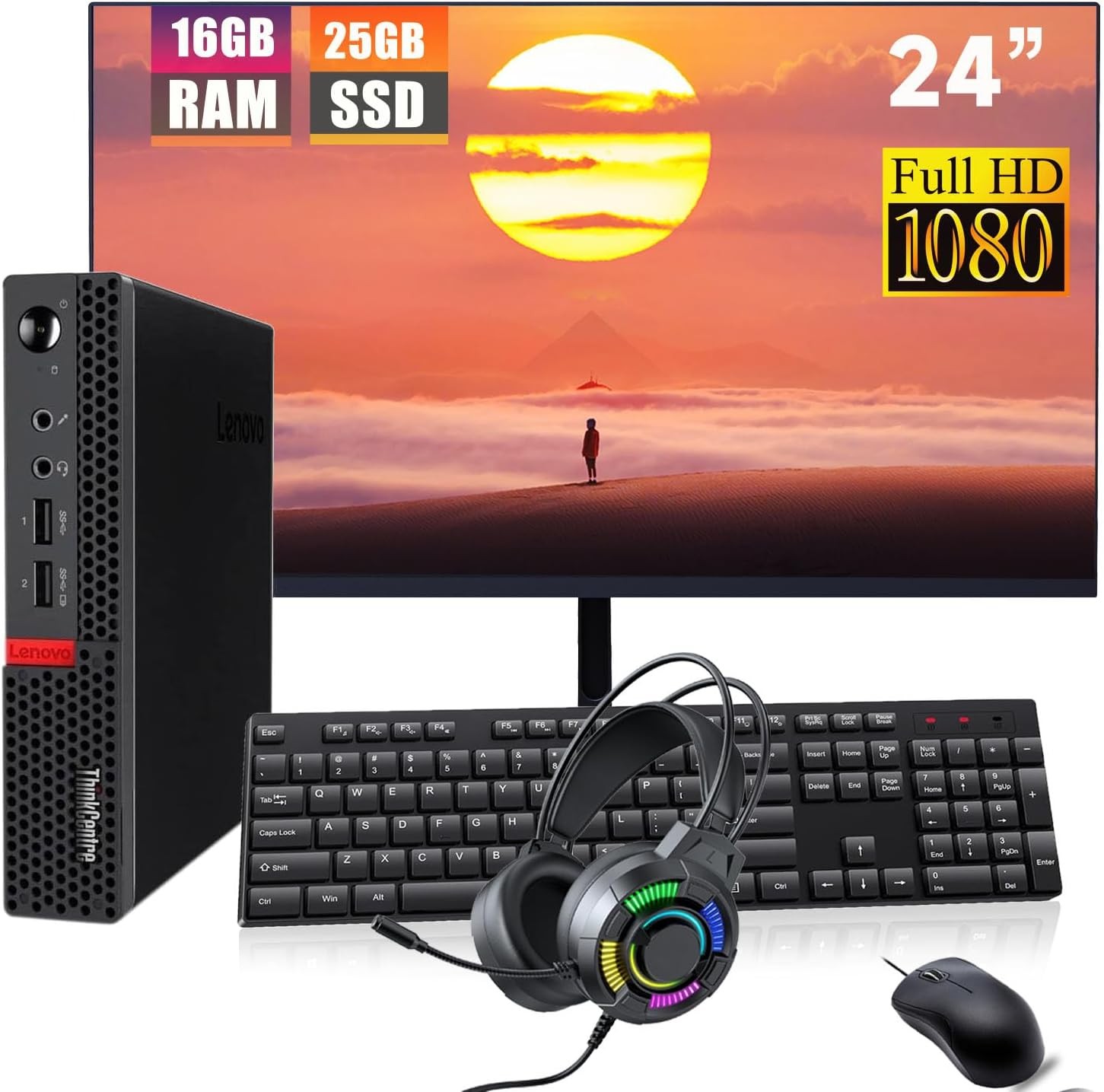 Lenovo ThinkCentre M910q Tiny Desktop Computer Mini PC, 24" FHD Monitor, RGB Headphone, Core i5-6500 3.2GHz up to 3.6GHz,16GB DDR4 RAM, 256GB SSD, Keyboard and Mouse,Windows 10 Pro (Renewed)