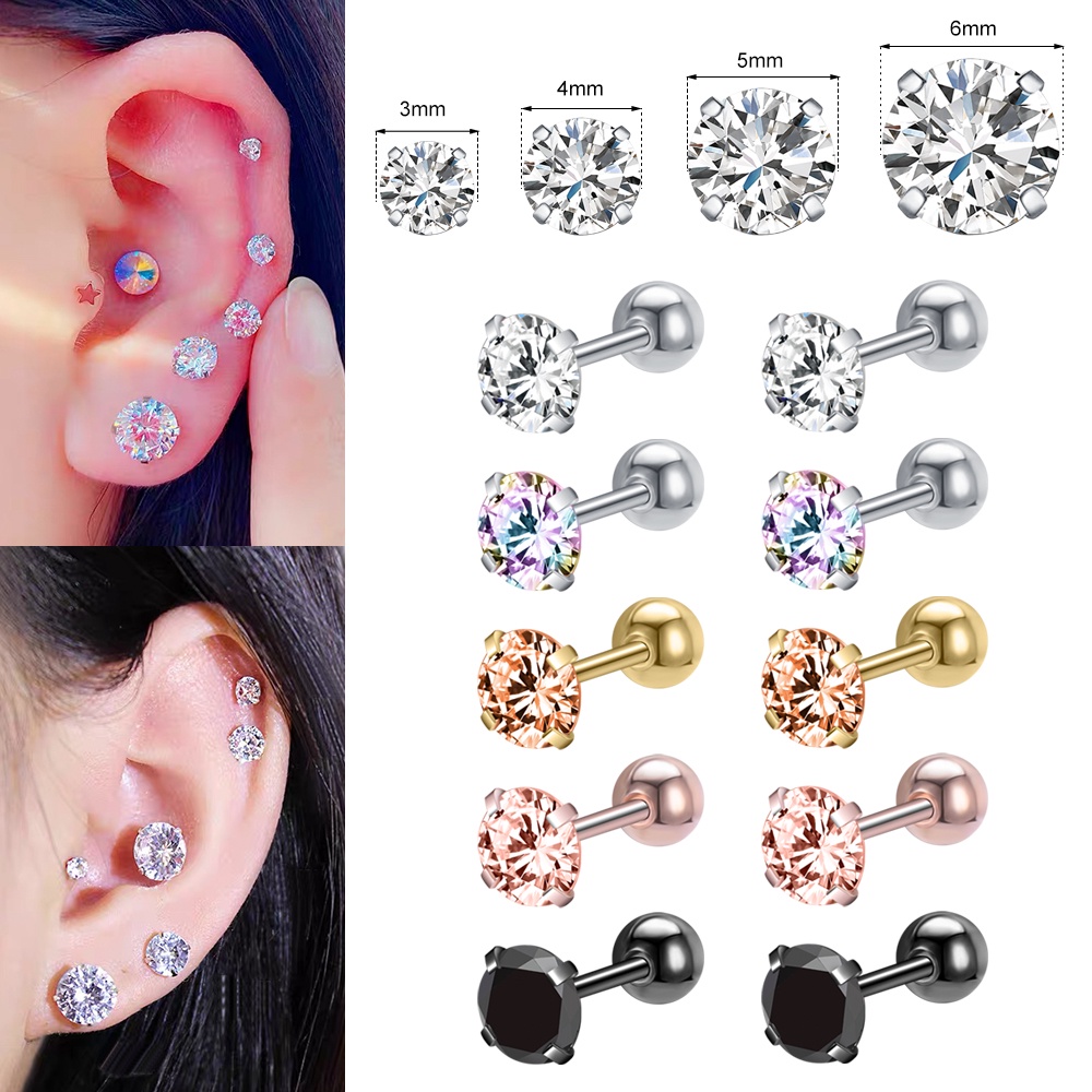 1 Pc 3/4/5/6MM Stainless Steel Round Stud Earrings Gold Crystal Cartilage Stud Earring Tragus Conch Helix Piercings
