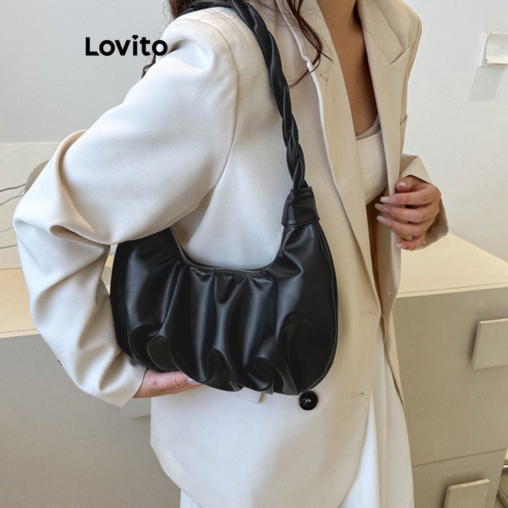 Lovito Casual Plain Plicated Bag for Women L66AD043 (White/Black)